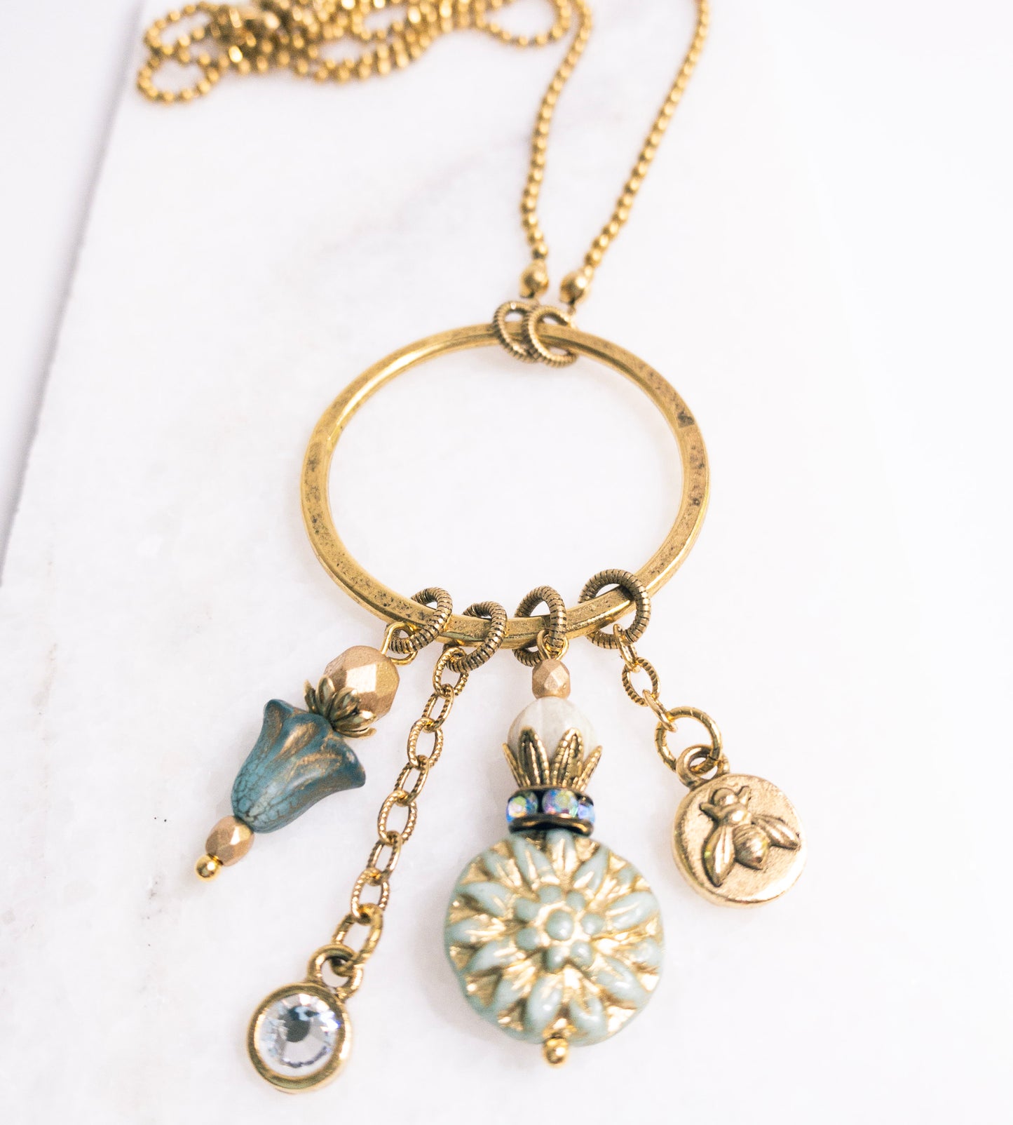 Gold Charm Necklace with Czech Glass