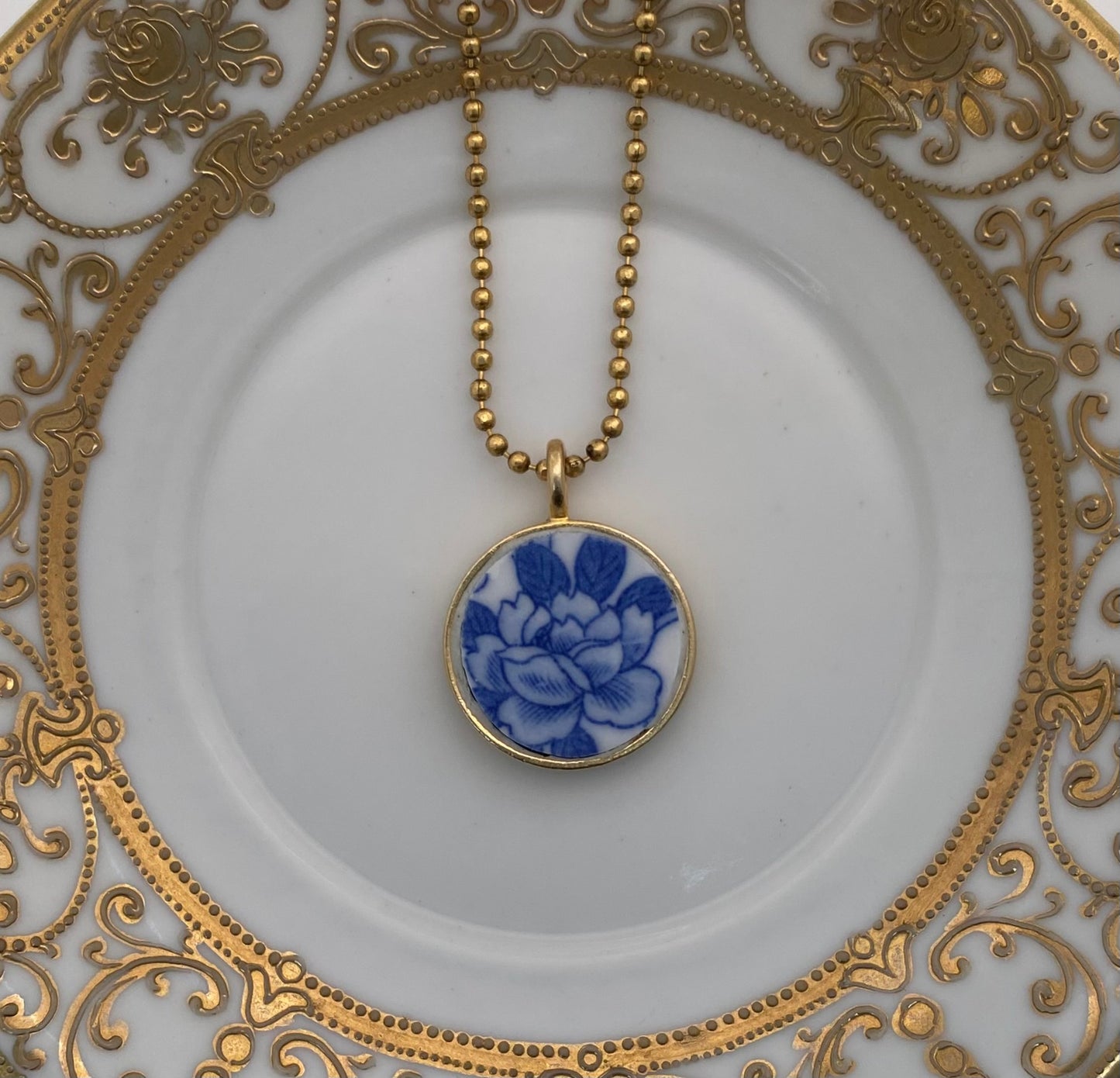 Broken China Pendant, Blue Flower
