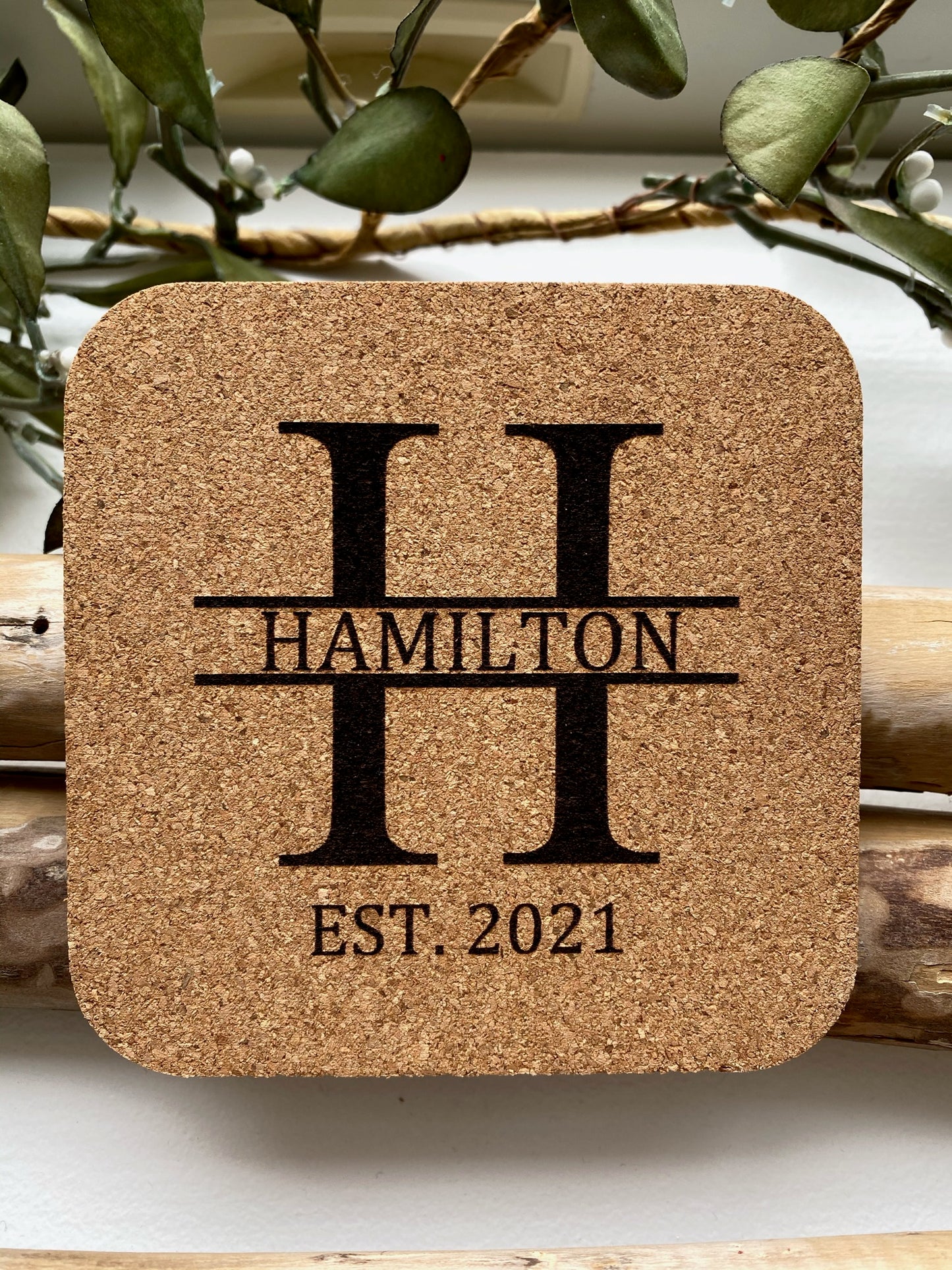 Personalized Split Monogram Cork Coasters