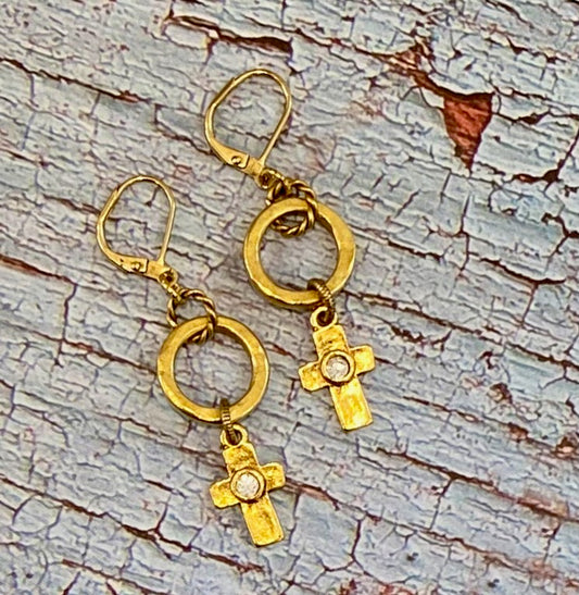 Gold Hoop And Cross Earrings